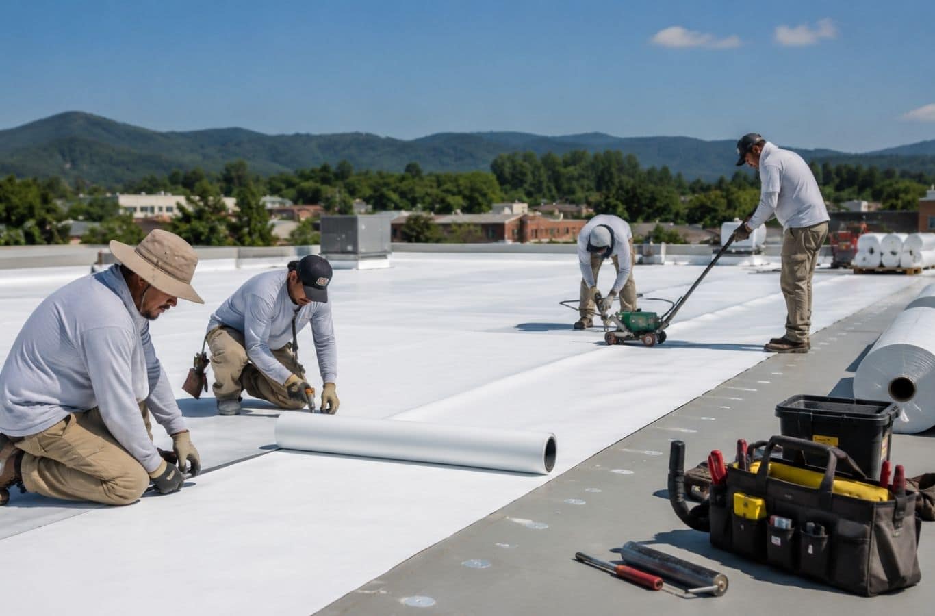 Secure Roofing expert detailing a commercial membrane in Marshall, NC for weather protection. TPO Roofing Near Me.