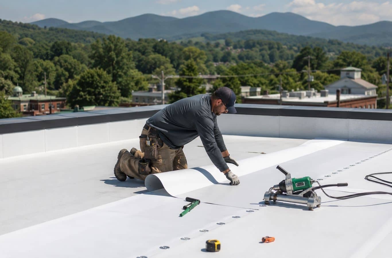 Secure Roofing expert installs TPO roofing in Lake Lure, NC with precise seam work. TPO Roofing Near Me.